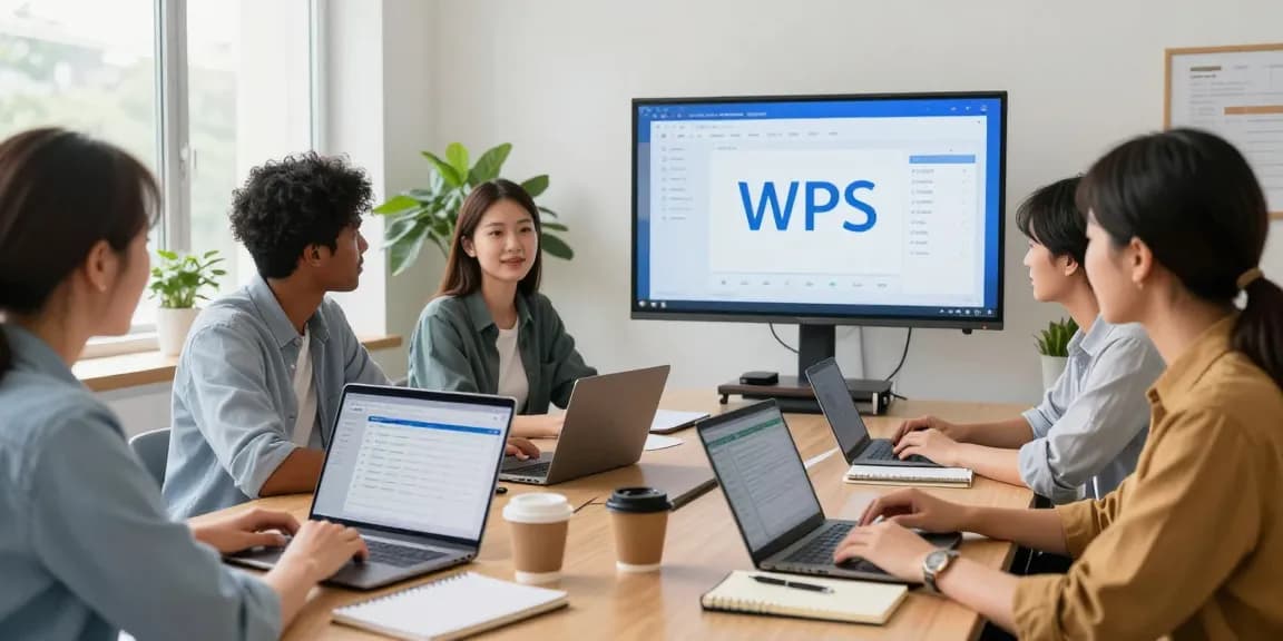 WPS办公软件在现代办公室中使用的团队协作场景，展示了高效办公氛围