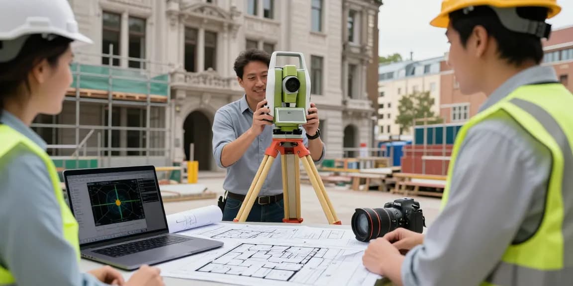 Measured Building Surveys Sussex in a professional urban setting, experienced surveyor conducting precise measurements and discussing project details.