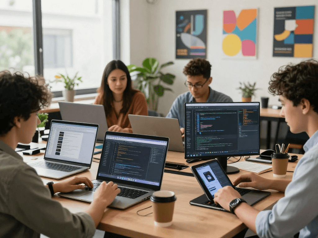 Team using ToDesk for seamless remote collaboration in a bright workspace