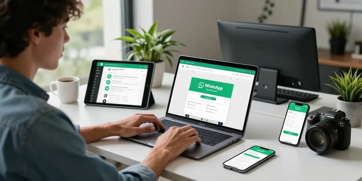 WhatsApp下載 on a modern tech workspace with devices and apps displayed