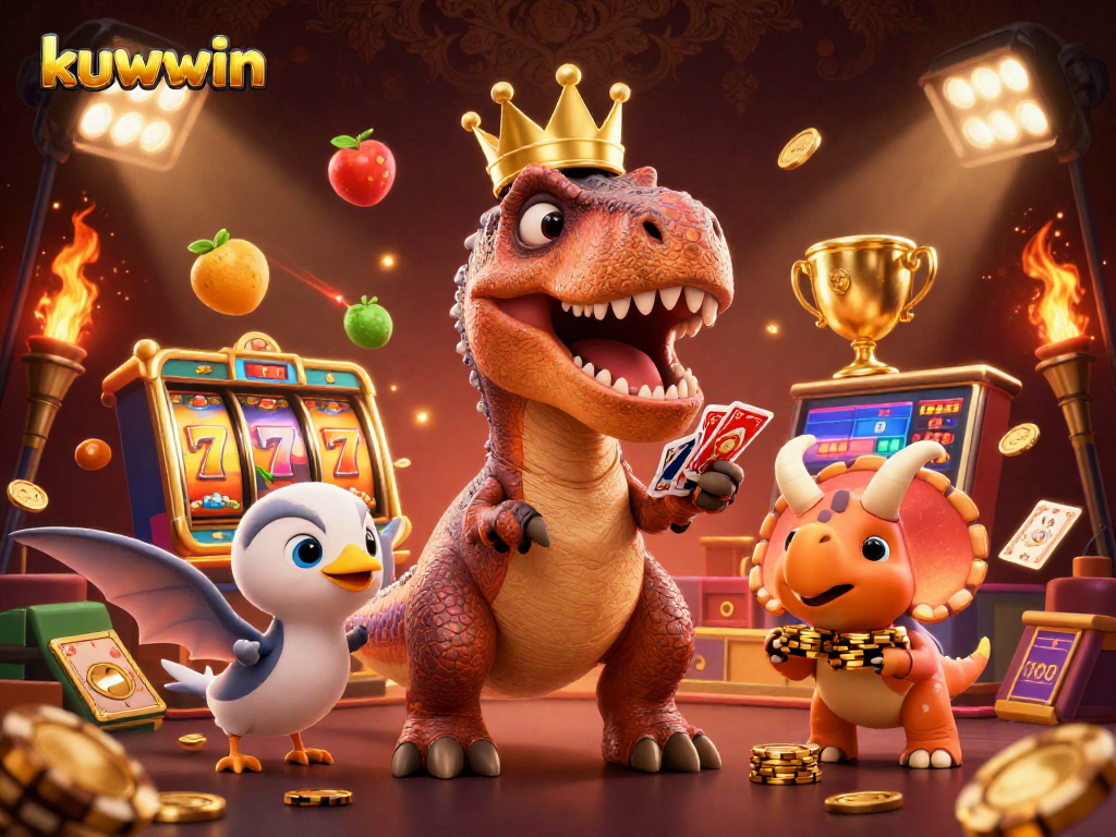 Kuwin features a 3D T-Rex shuffling cards with a golden crown, showcasing a vibrant casino scene with dynamic slot elements.