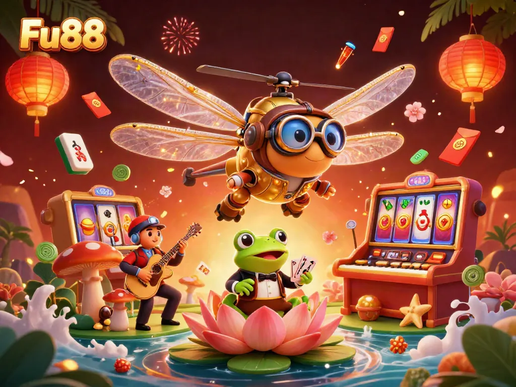Experience the vibrant world of Fu88 with a lively scene of a dragonfly pilot, frog croupier, and musicians in a casino