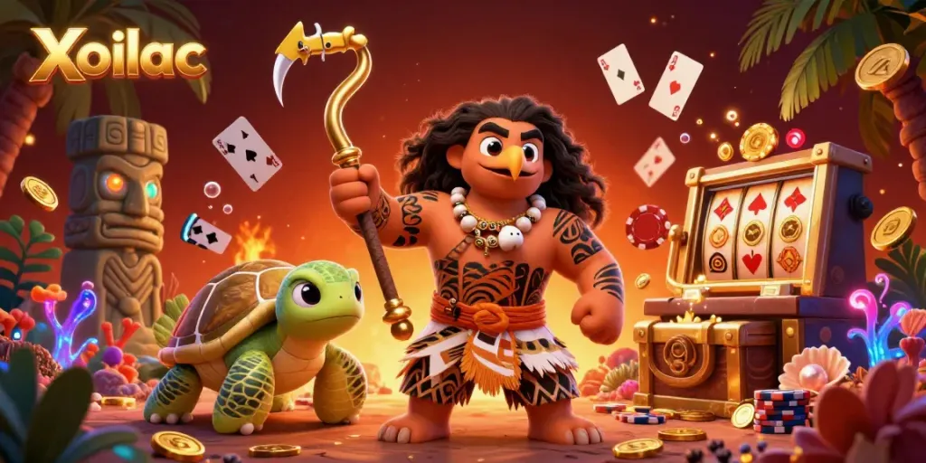 Xoilac showcases an exciting 3D gambling scene with vibrant characters and floating cards emphasizing casino action.