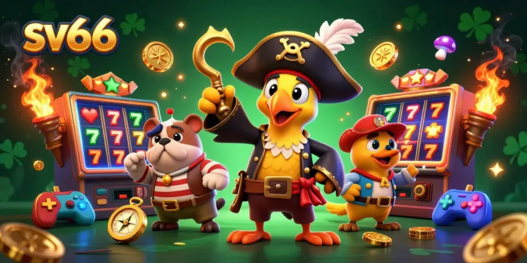 Experience sv66 in an action-packed casino scene with cartoon characters and vibrant slot machines.