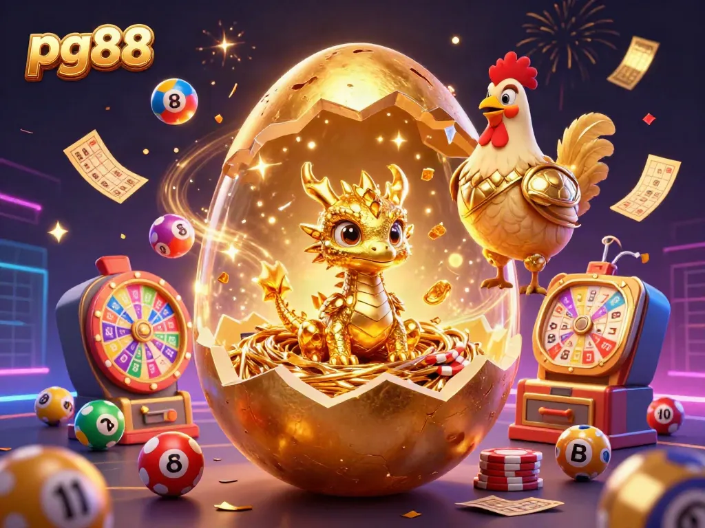 Experience excitement at pg88 casino with a 3D scene of a golden egg hatching a dragon amidst vibrant lottery elements.