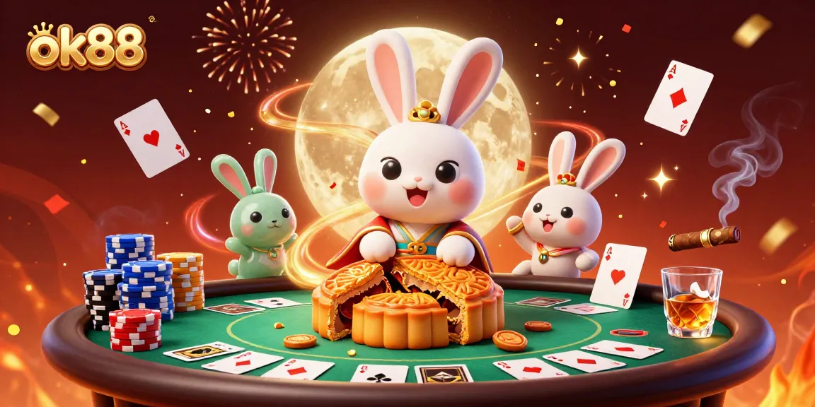 Join the lunar celebration with ok88 as the moon rabbit reveals poker chips from mooncakes amidst a vibrant casino!