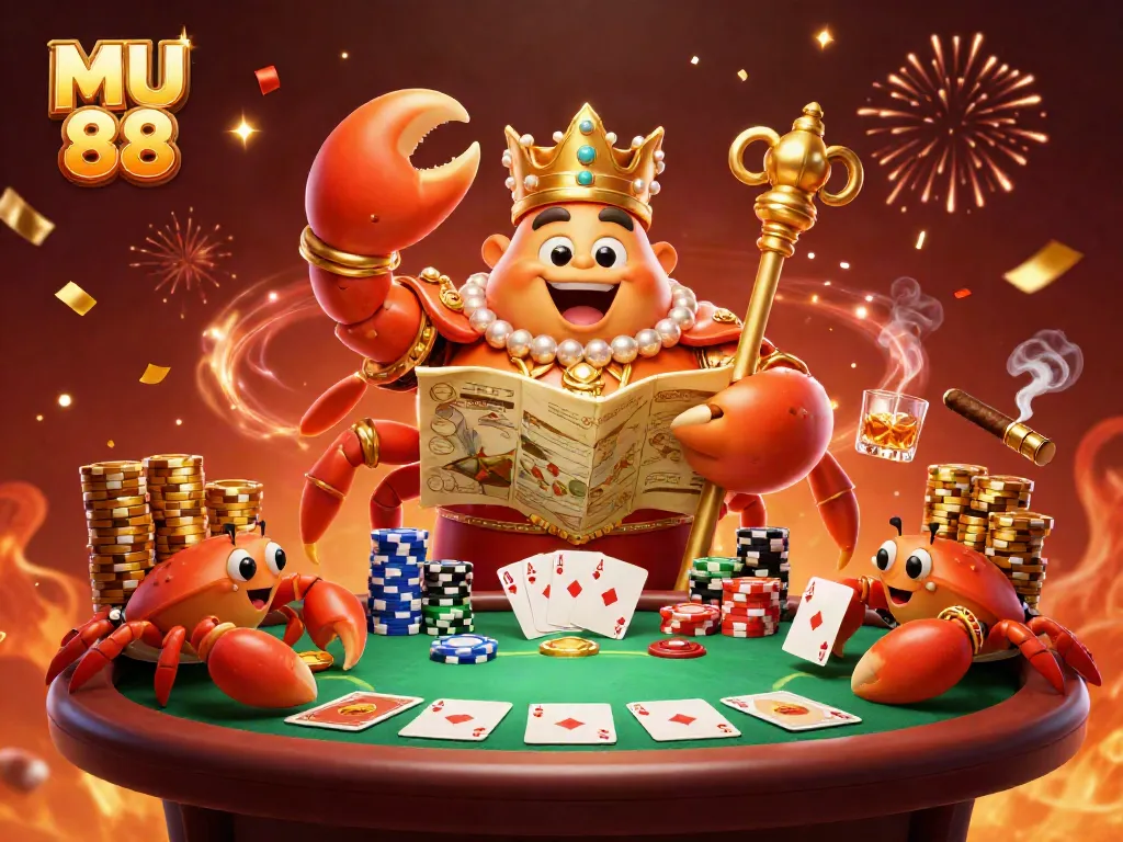 Engage with MU 88 as a golden crab emperor leads the gambling action with vibrant poker elements.
