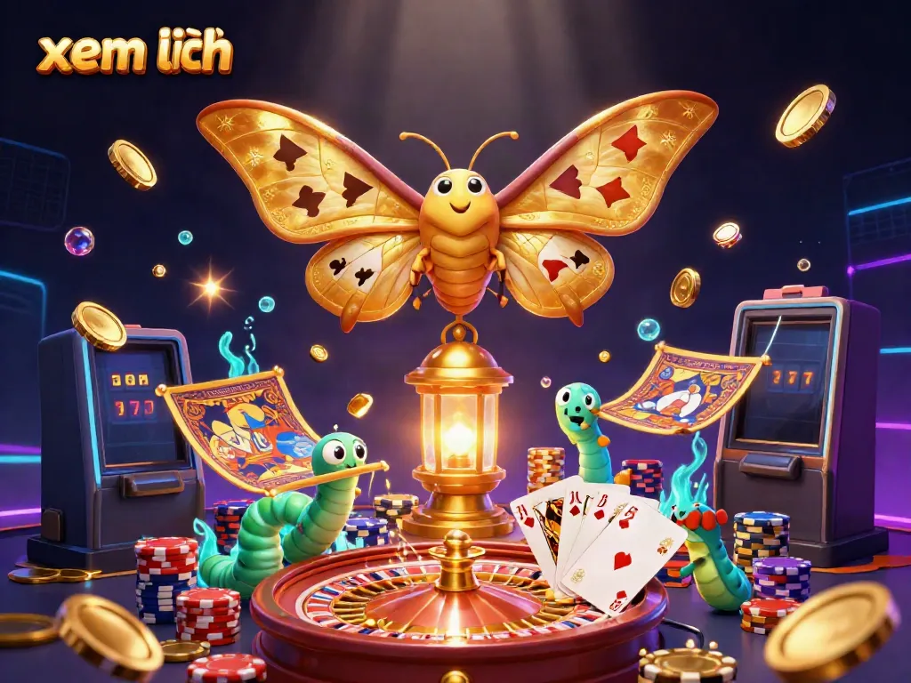 Xem thêm exciting casino adventure featuring a vibrant 3D scene with a golden moth and lavish gaming symbols.