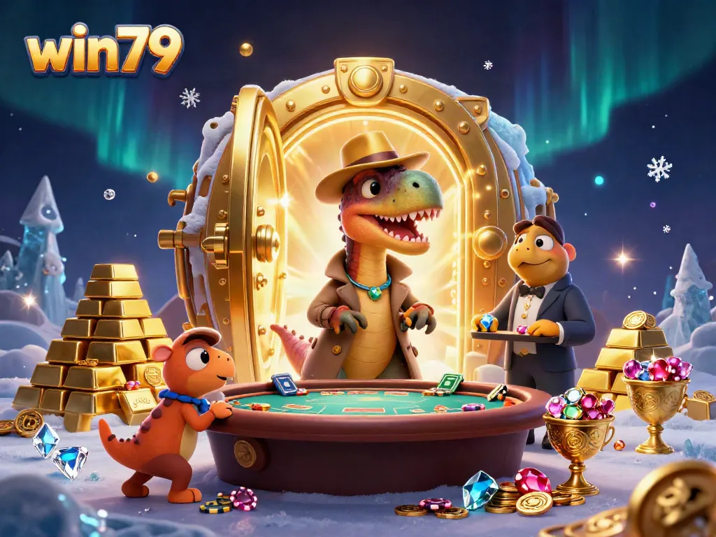 Experience win79's captivating gaming scene with a velociraptor card counter and treasure-filled casino.