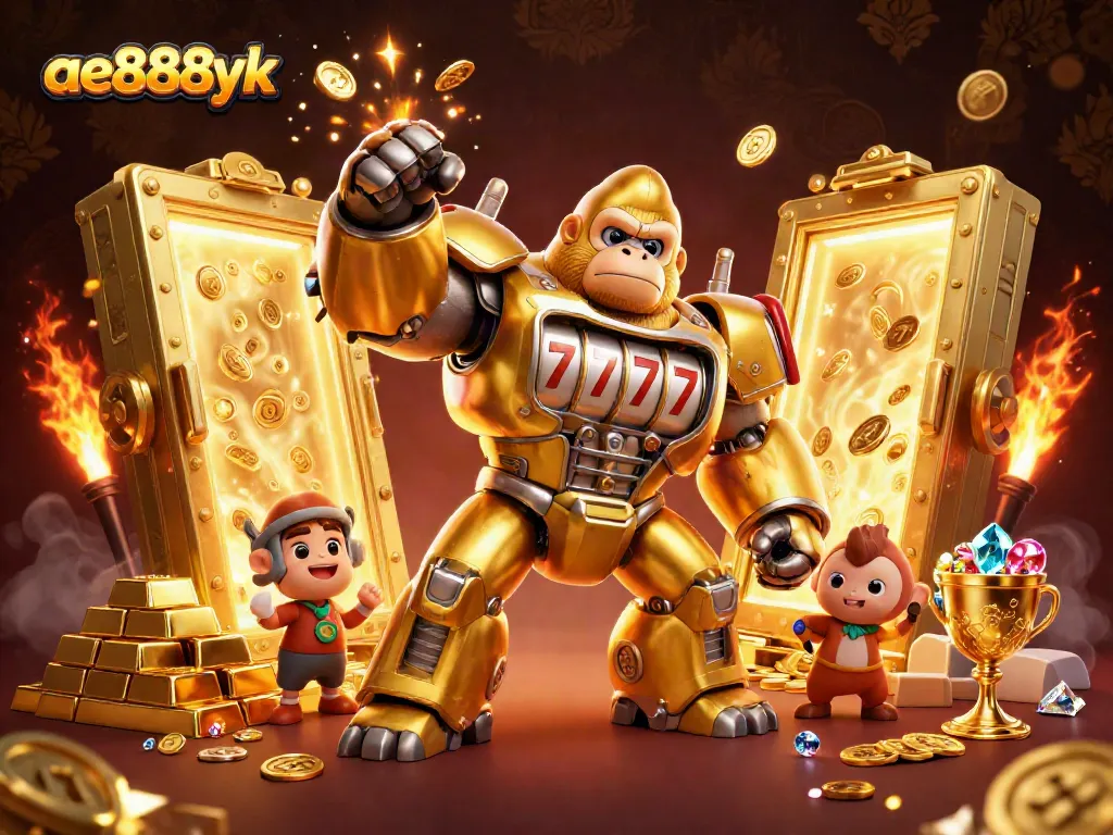 Experience the excitement of ae888yk as the golden gorilla mech launches coins from its rocket-fist amidst treasures.