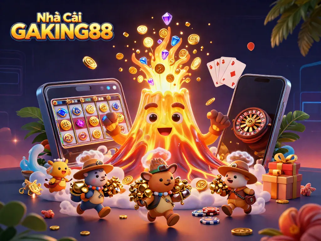 Experience the excitement of Nhà cái GAKING88 with this vibrant 3D illustration of a golden volcano erupting treasures, symbolizing casino entertainment.