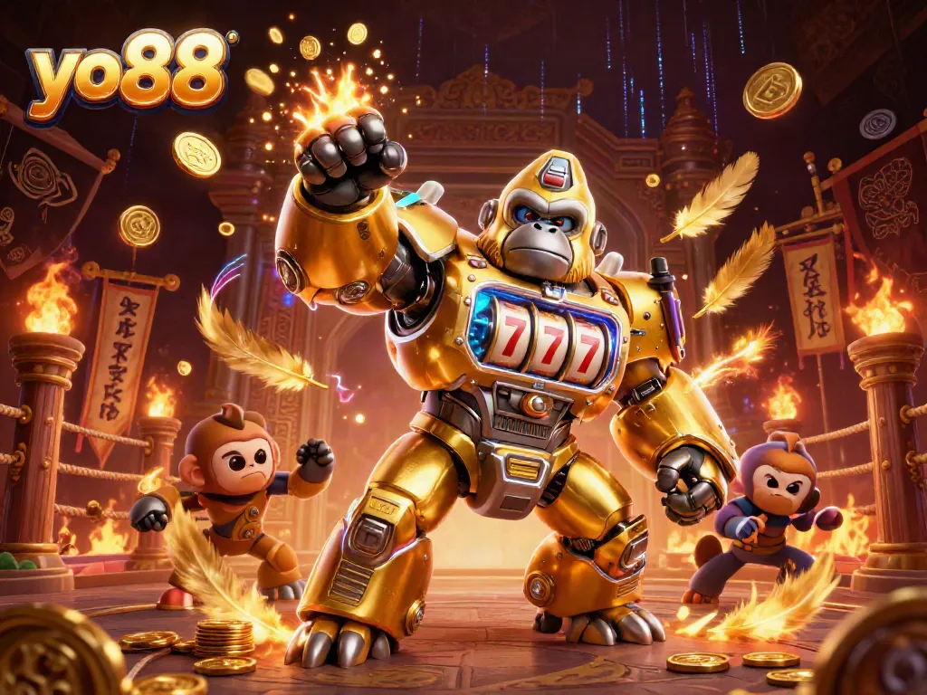 Engage in thrilling gameplay at yo 88 with a dynamic 3D illustration of a slot machine-inspired gorilla mech.