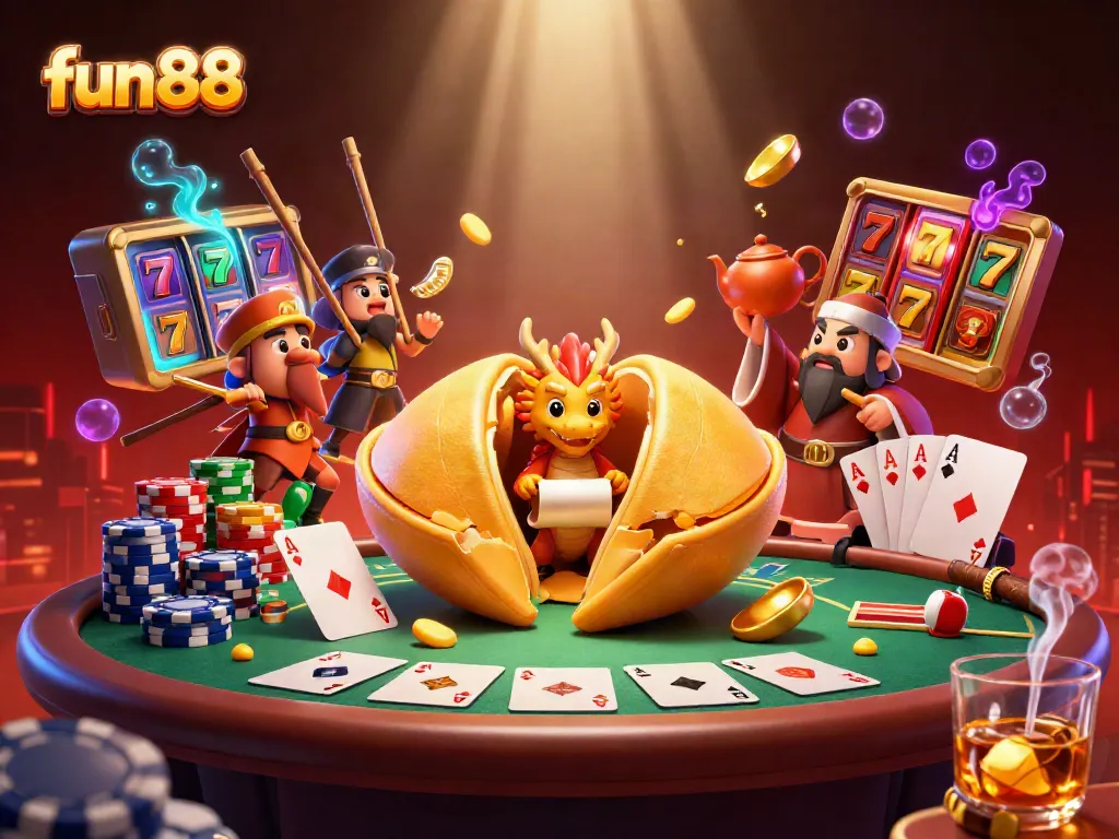 Experience the excitement of fun 88 illustrated with a golden fortune cookie and vibrant casino elements.