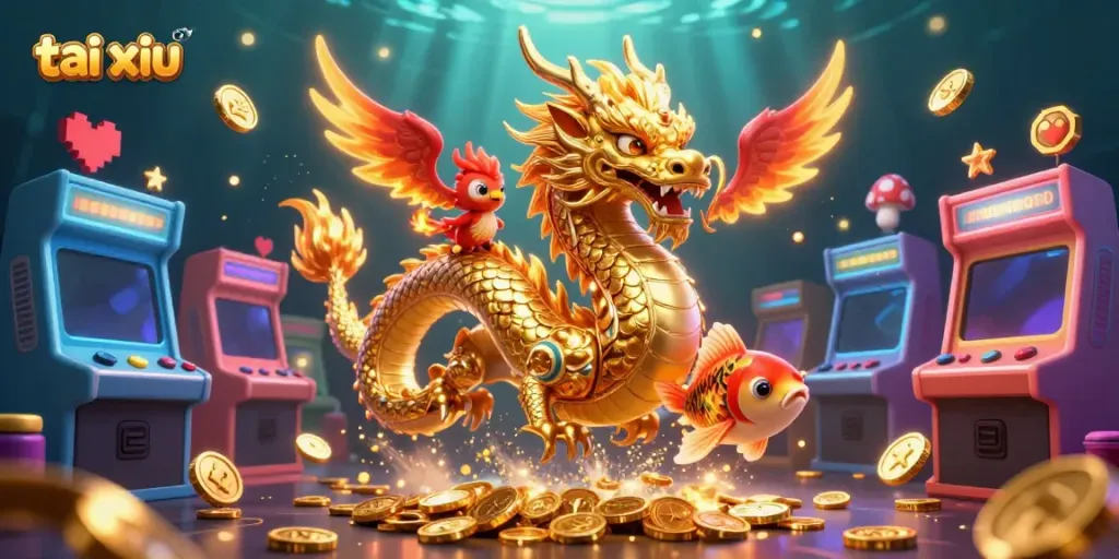 Experience the excitement of tai xiu with a fierce dragon and phoenix amidst dazzling casino elements.