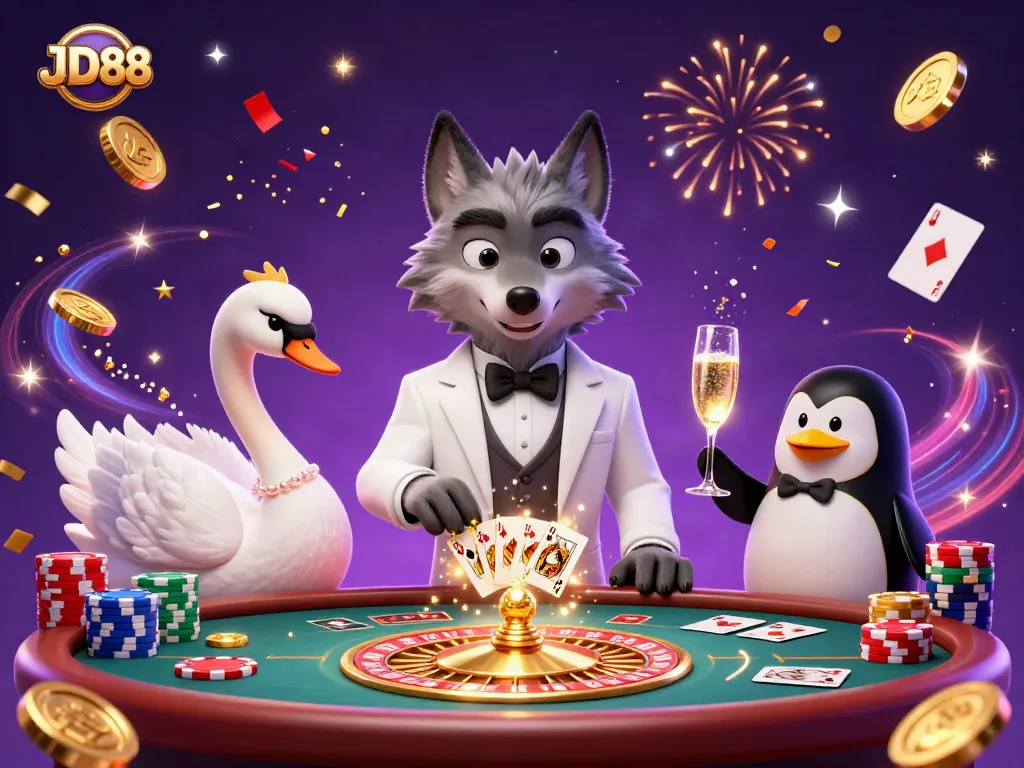 Experience thrilling gaming action at JD88 casino with a wolf, swan dealer, and penguin sommelier.