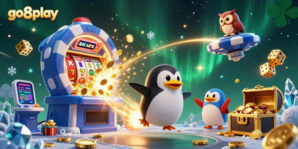 Experience go8play with a thrilling golden penguin navigating a casino-themed galaxy!