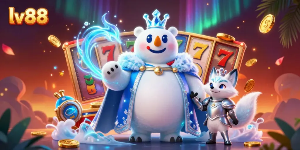Spin for big wins with lv88 in a lively casino scene featuring a friendly ice king polar bear and a snow fox.