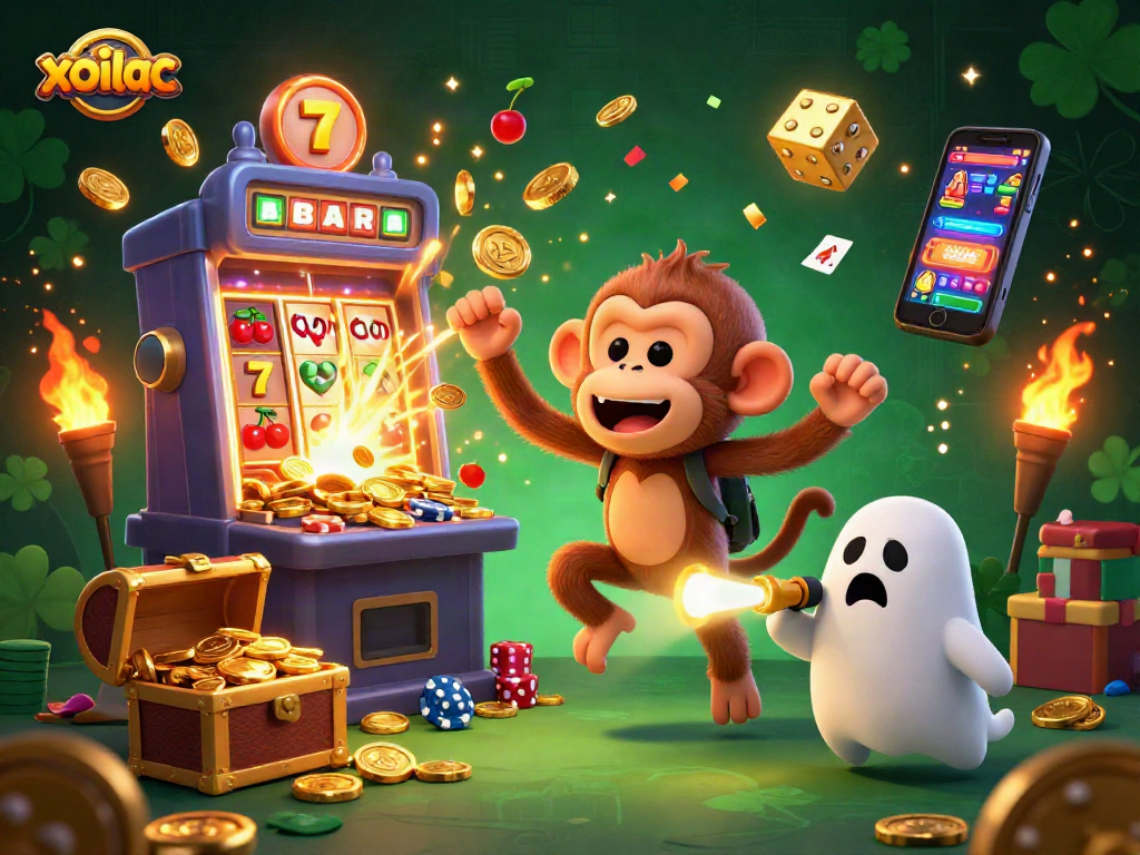 Experience xoilac's thrilling casino adventure with animated monkey and ghost-hunter puppy in a festive scene.