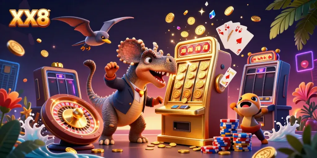 XX8 online casino features lively characters enjoying jackpots with vibrant coins and cards