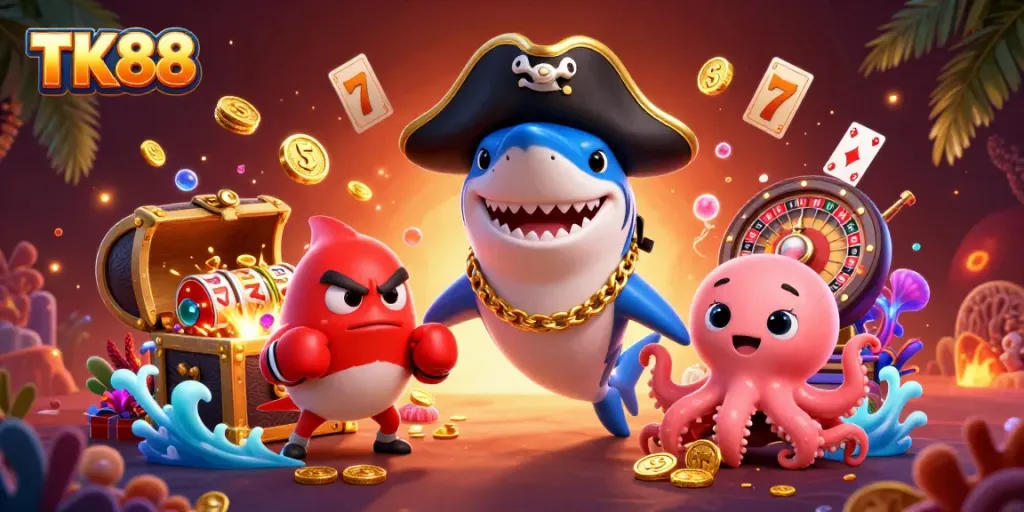TK88 themed casino illustration featuring a pirate shark, pufferfish, and octopus amidst dynamic slot elements.
