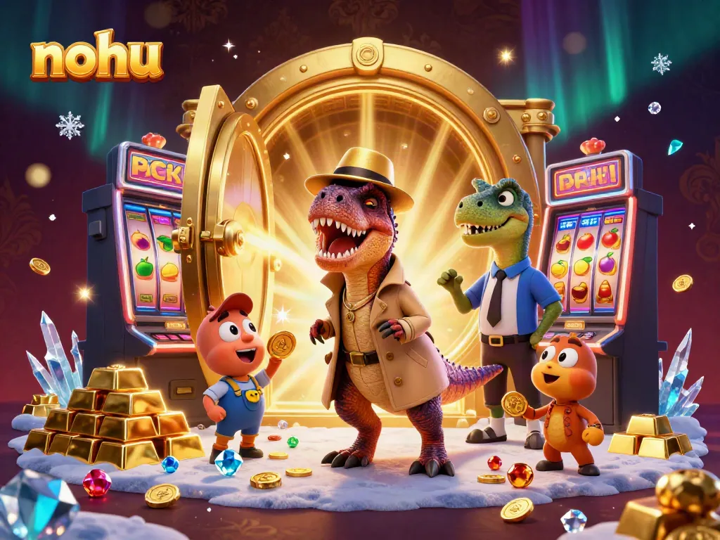 Engaging scene of nohu with a velociraptor card counter at a slot machine with gold and gems