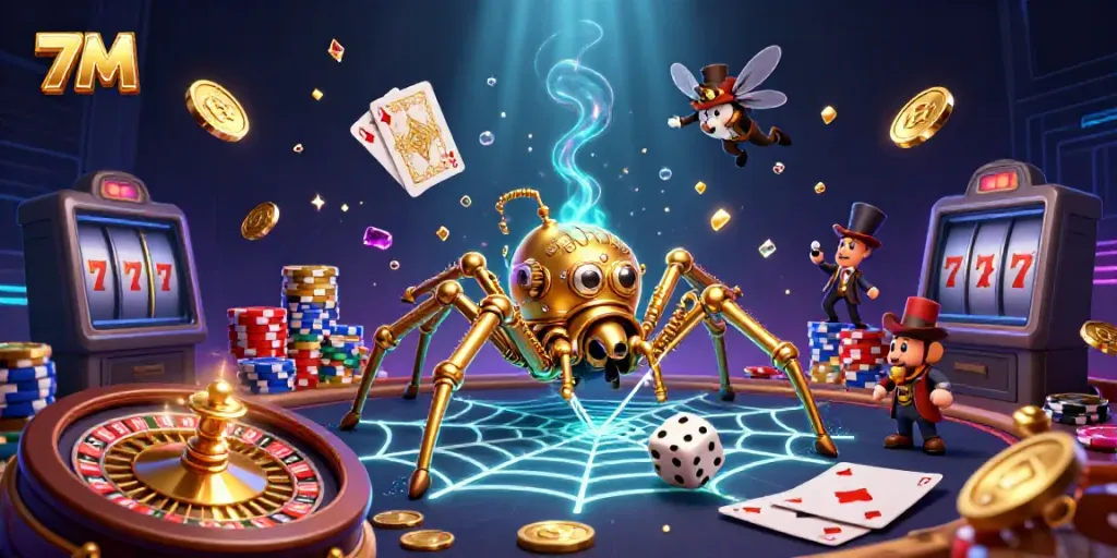 Experience the thrilling casino dynamics of 7M with an intricate steampunk spider catching dice in a stunning 3D scene.