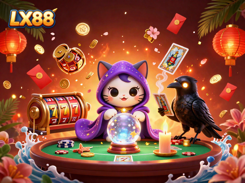 LX88 engages players with thrilling slot machine reels and mystical elements in a vibrant casino scene.