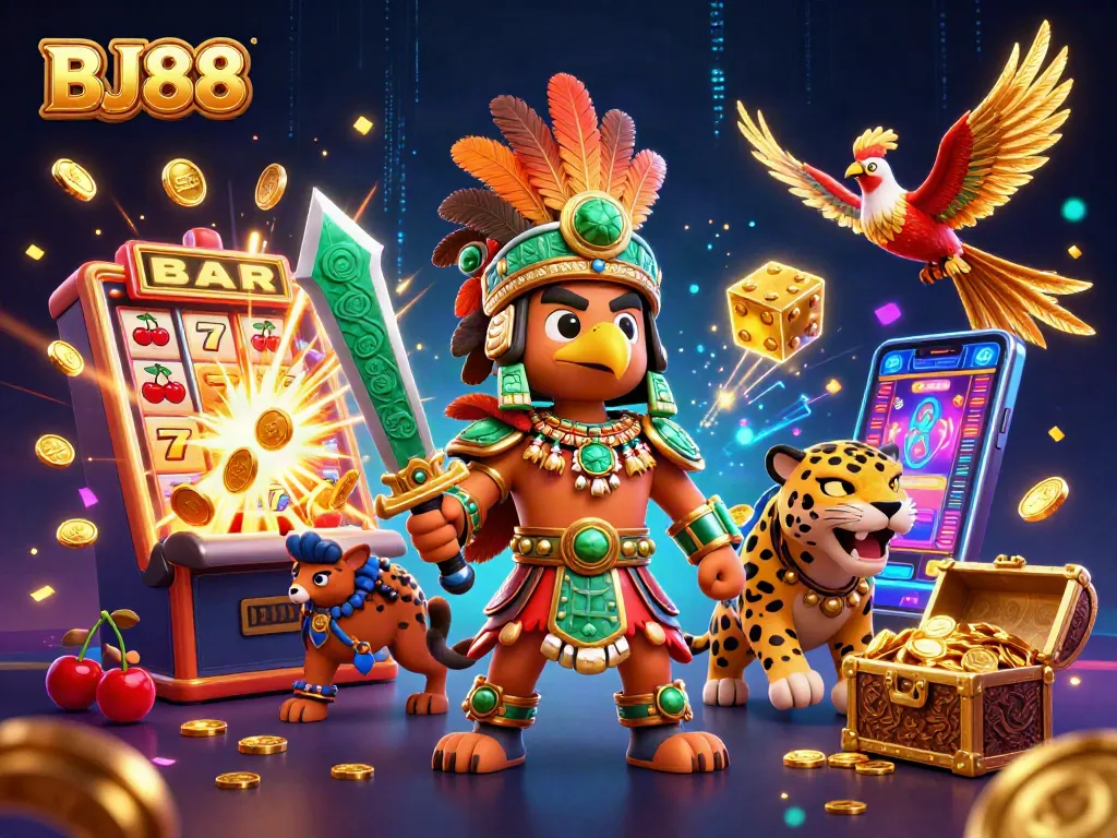 BJ88 champions a vibrant casino scene with slot machines, coin explosions, and animated warriors