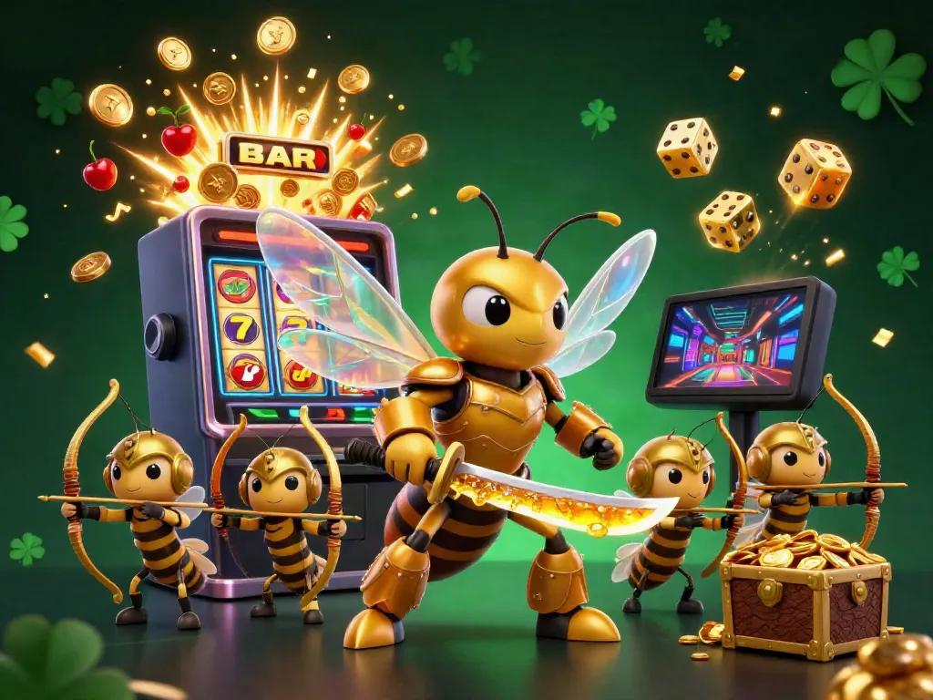 Engage in thrilling entertainment at lu881, featuring an epic golden hornet warrior and captivating casino elements.
