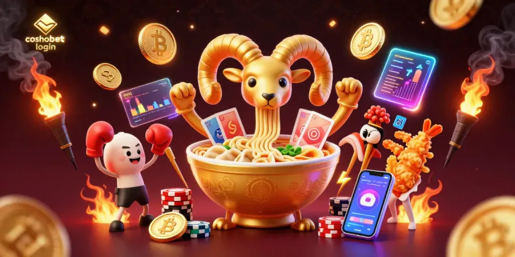 Engage with the vibrant world of Cosmobet login, featuring casino characters, crypto coins, and dynamic gambling elements.