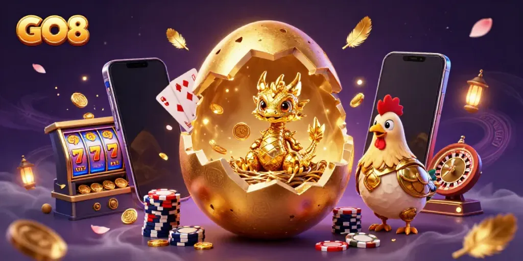 Experience GO8's thrilling casino action with a golden dragon on poker chips and vibrant slot game elements