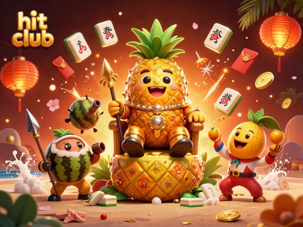 Join the hit club with a vibrant 3D casino scene featuring a golden pineapple king and playful elements.
