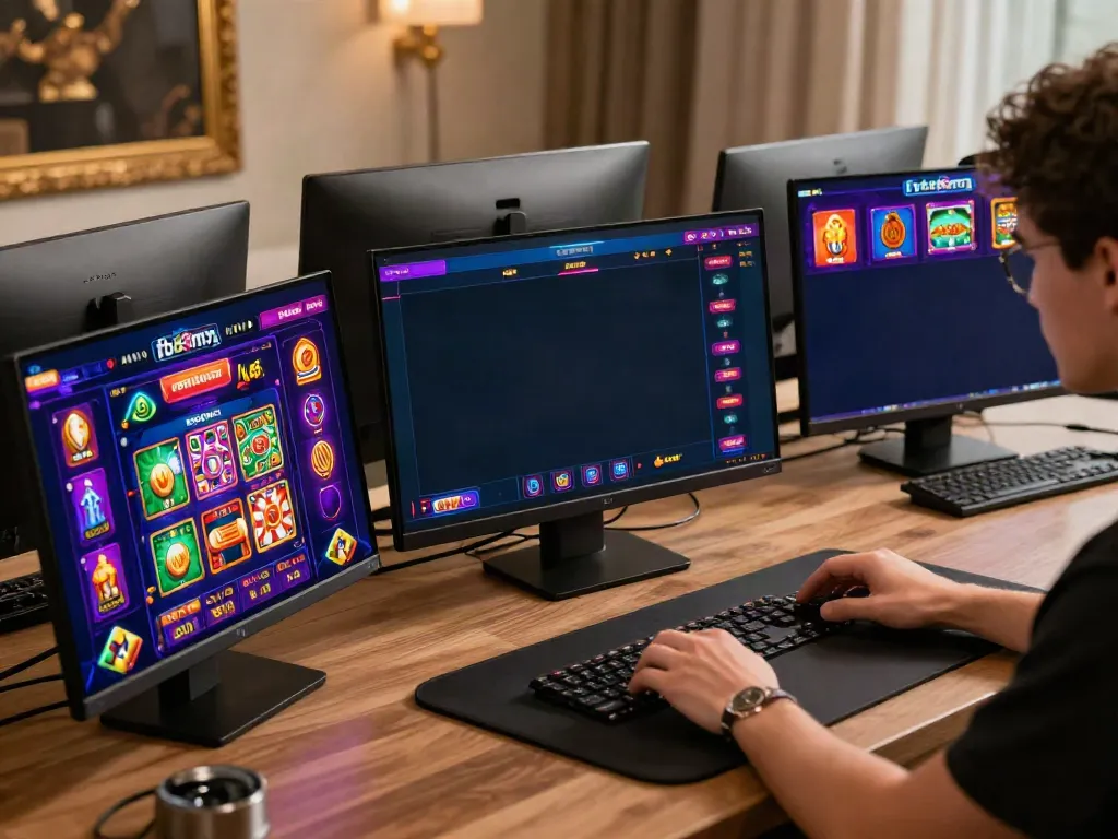 Interactive gaming atmosphere featuring fb88mx.com on a smartphone amidst vibrant casino graphics.