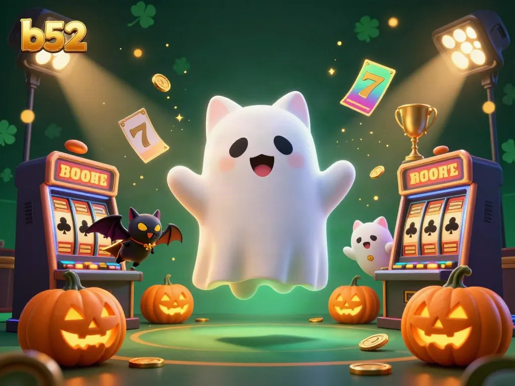 B52 gaming experience with a ghost cat and vampire bat in a lively haunted casino scene filled with slot machines and golden elements.