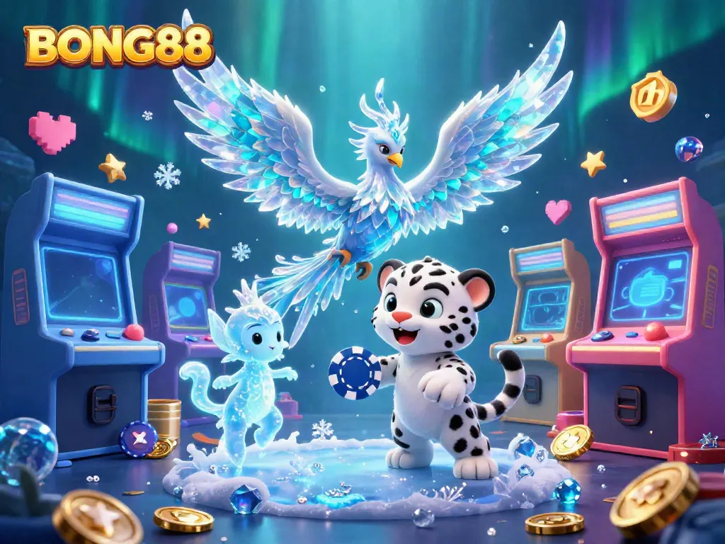 BONG88 offers a captivating casino experience with a whimsical ice phoenix and playful snow leopard, framed by vibrant gaming elements.