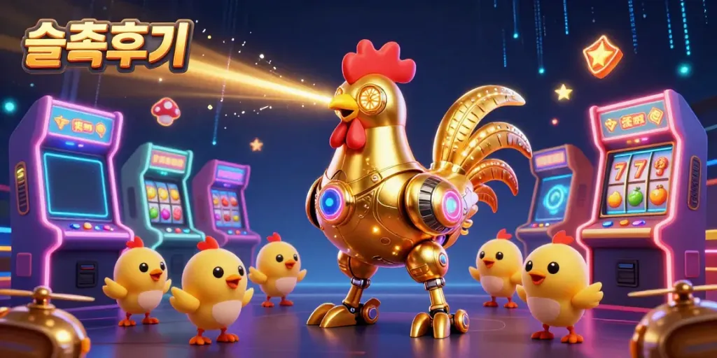 Visualize 슬롯후기 featuring a golden rooster robot surrounded by colorful slot game elements and baby chick drones.