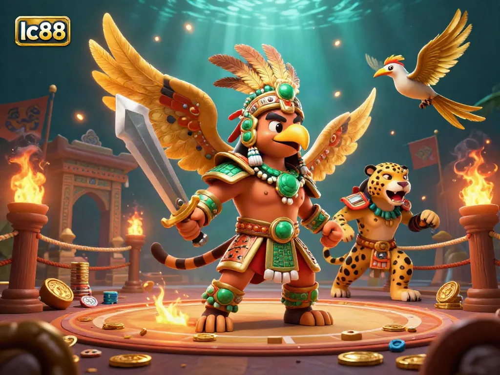 Experience action at lc88 with vibrant 3D casino warriors amid gold coins and dynamic game elements.