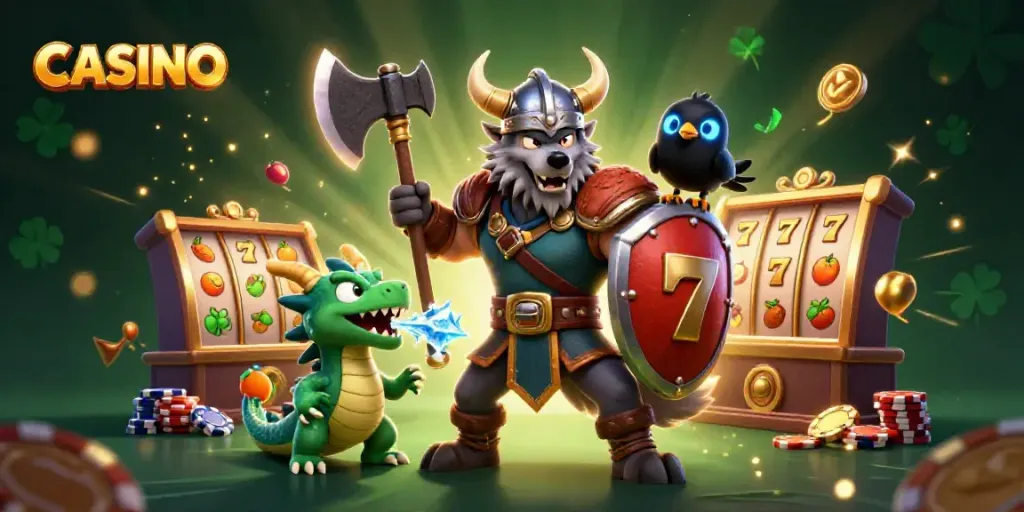 Experience the thrill of the CASINO with a Viking warrior, dragon, and shimmering slots.