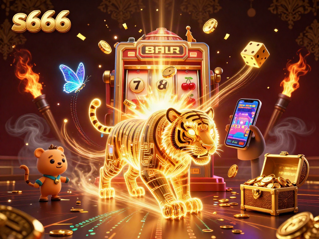 Experience the vibrant digital casino world of s666 with a golden tiger and stunning slot explosions.
