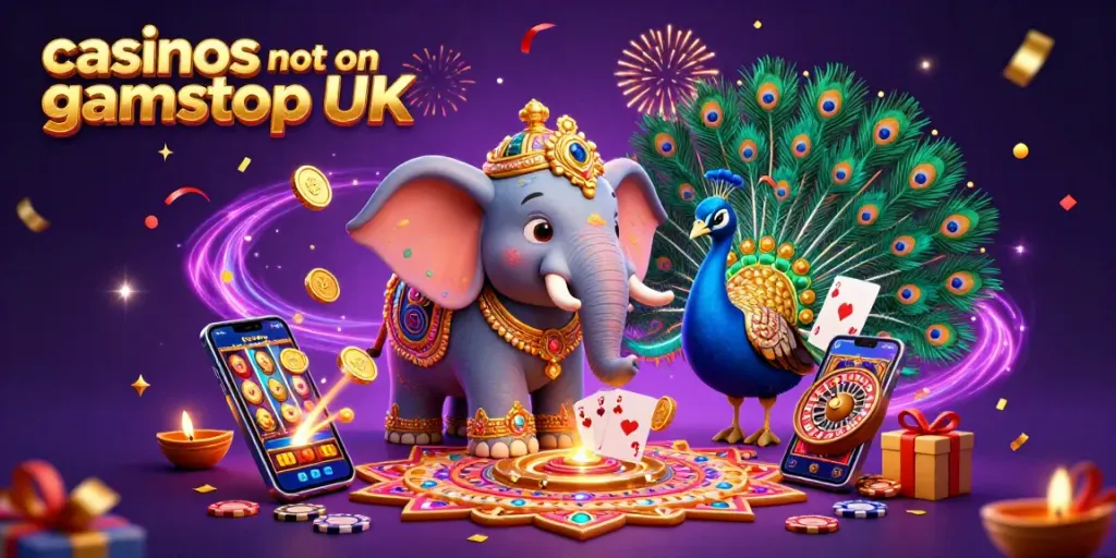 Discover vibrant casinos not on gamstop UK with a colorful elephant, peacock, and exciting gaming action.