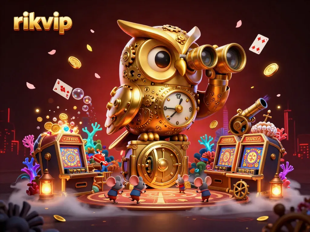 Experience the thrill of rikvip as a whimsical clockwork owl overlooks a vibrant casino scene filled with excitement and treasure.
