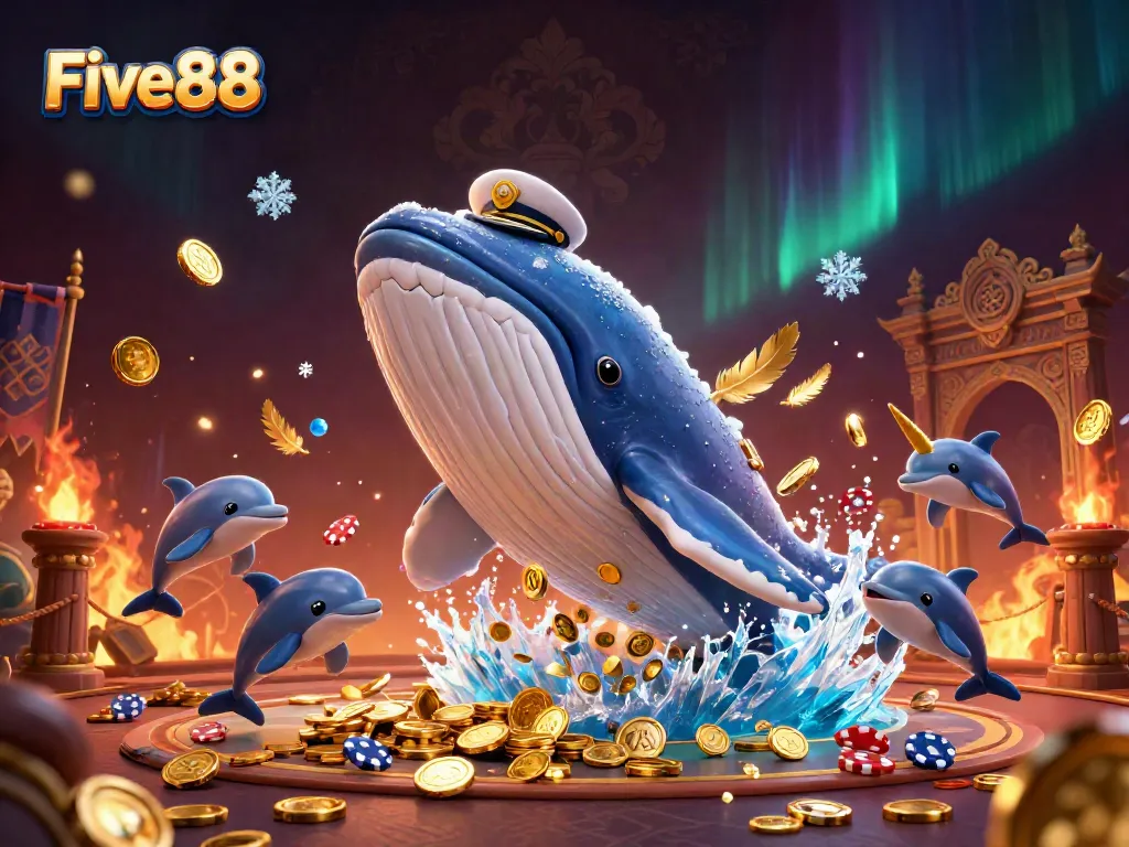 Five88's whale character breaching through coins while a narwhal and dolphins perform tricks in a vibrant casino scene
