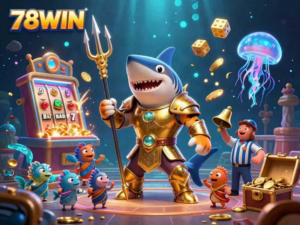 Experience thrilling gameplay at 78WIN with a dynamic underwater scene featuring a shark and jackpot elements.