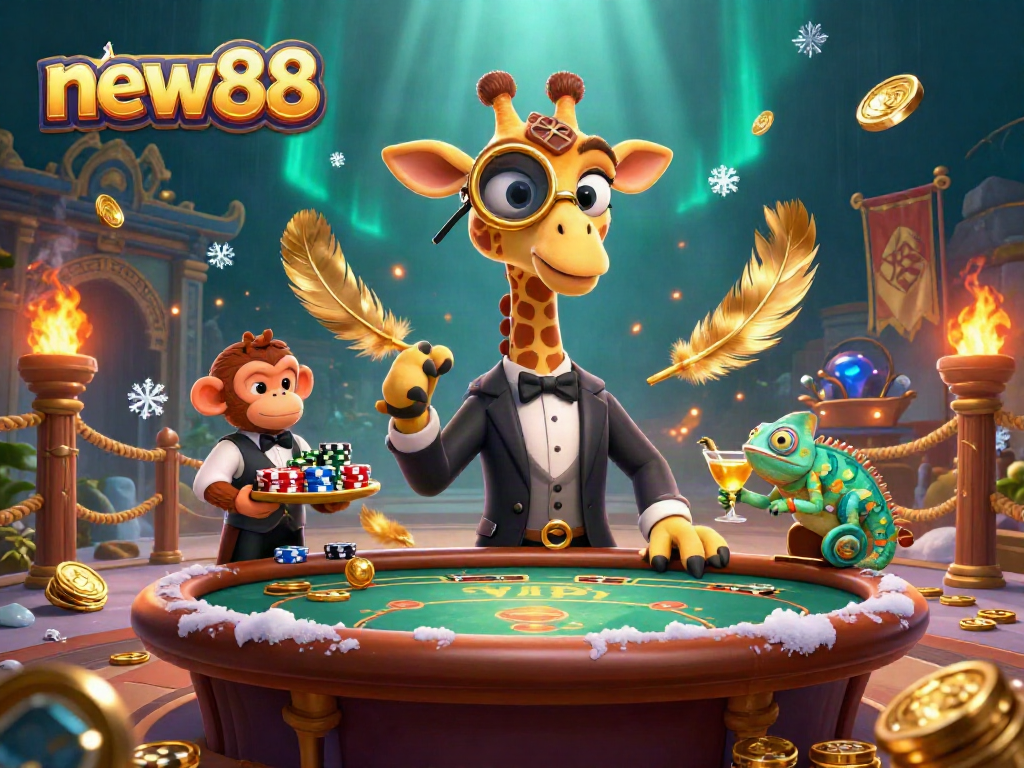 Experience the thrill of new88 casino with a high-roller giraffe and vibrant gaming elements.