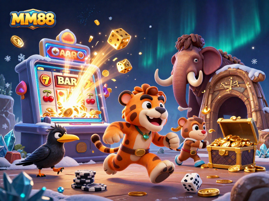 Experience the excitement of MM88 with 3D cartoon characters in a dynamic casino scene, showcasing slot machines and vibrant game elements.