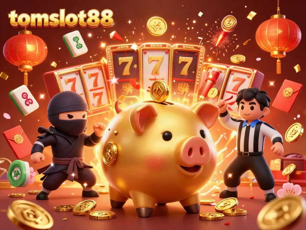 Experience thrilling gameplay with tomslot88 featuring golden piggy banks, ninjas, and festive casino elements.