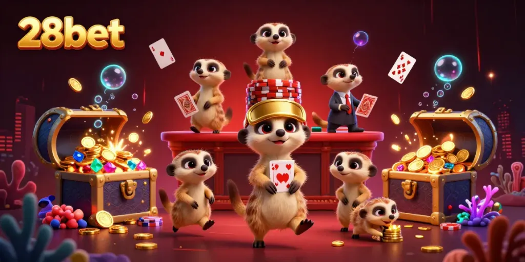 Experience the excitement of 28bet with a vibrant scene of meerkats running a casino, showcasing the thrill of betting.