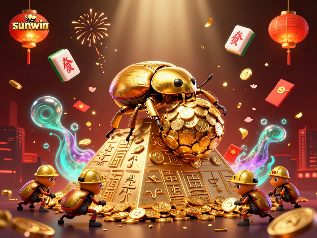 Experience thrilling gameplay at sunwin with a dynamic illustration of cartoon beetles and casino symbols.