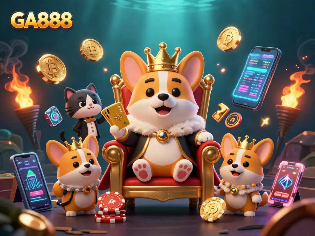 Engage in exciting GA888 casino experiences with vibrant 3D illustration of royal corgis and poker chips.