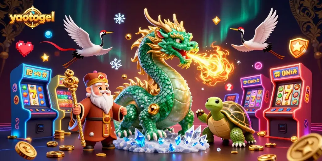 Engage with yaotogel excitement through a vibrant scene featuring a jade dragon, lucky symbols, and dynamic gaming elements.